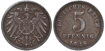 ГЕРМАНИЯ 5 ПФЕННИГОВ 1918 F KM 19, J. 297 железо 45-1154