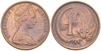 АВСТРАЛИЯ 1 ЦЕНТ 1966 ЕЛИЗАВЕТА II, МОЛОДОЙ ПОРТРЕТ, ОПОССУМ КМ 62 бронза 3955-448