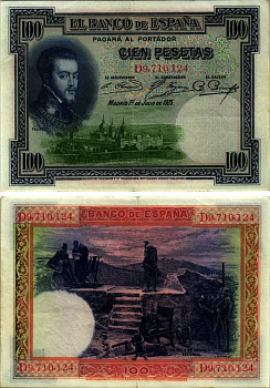 ИСПАНИЯ 100 ПЕСЕТ 1936 12 ИЮЛЯ 1925, ФИЛИПП II, СЕРИЯ D 9710124, СТУЛ ФИЛИППА II ЭСКОРИАЛ Pick 69с бумага XF 2192-74-2-2