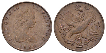 Остров Мэн 2 пенса 1980 Елизавета II (1952-2022) KM 60 бронза 4666-355