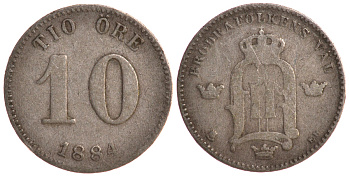 Швеция 10 эре 1884 Оскар II (1872-1907) король Швеции и Норвегии KM 755 серебро 4179-517