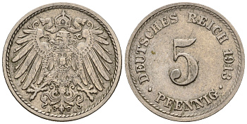 Германия 5 пфеннигов 1913 A, KM 11, J. 12 медно-никель 220-651