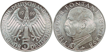 ФРГ 5 марок 1969 G, 150 лет со дня рождения Теодора Фонтана J. 399, KM 125.1 серебро aUNC 1529-234