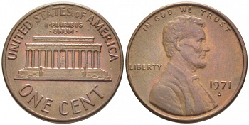 США 1 ЦЕНТ 1971 D, ЛИНКОЛЬН KM 201 медь цинк 105-1061