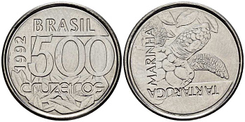 Бразилия 500 крузейро 1992 морская черепаха KM 624 нержавеющая сталь 4516-526