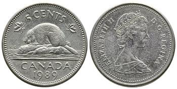 Канада 5 центов 1989 Елизавета II (1952-2022), бобер KM 60.2а медно-никель 4364-2621