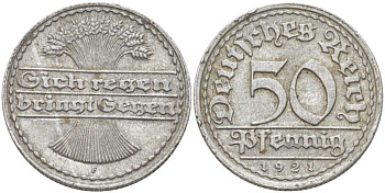 ГЕРМАНИЯ 50 ПФЕННИГОВ 1921 F KM 27, J. 301, Weege 10 алюминий 261-716