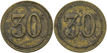 ФРАНЦИЯ 30 САНТИМОВ ND ПЛАТЕЖНЫЙ ЖЕТОН НАЧАЛА XX ВЕКА, ЦИФРЫ НОМИНАЛА 10 ММ., ДИАМЕТР 23,5 ММ. латунь 65-346