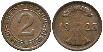 ГЕРМАНИЯ 2 РЕНТЕНПФЕННИГА 1923 G KM 31, J. 307 бронза 24-441