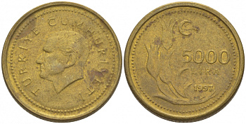 Турция 5000 лир 1997 Мустафа Кемаль Ататюрк KM 1029.1 латунь 4402-1042