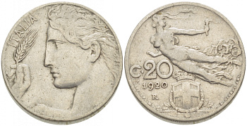 ИТАЛИЯ 20 ЧЕНТЕЗИМО 1920 KM 44 никель 3718-554