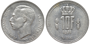 Люксембург 10 франков 1971 Великий герцог Жан (1964-2000) KM 57 никель 4144-136