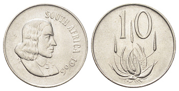 ЮАР 10 центов 1966 Ян ван Рибек (1619-1677), South Africa, легенда на африкаанс, цветок алоэ KM 68.1 никель 4696-1016